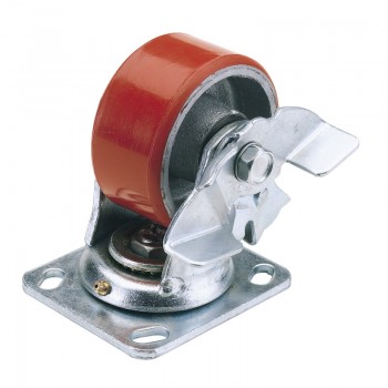 Swivel Plate Fixing Heavy Duty Polyurethane Wheel with Brake, 100mm Diameter, S.W.L. 250kg